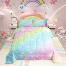 Rainbow Bedding Set for Kids Girls Teens Women Tie Dye Pastel Comforter Set K...