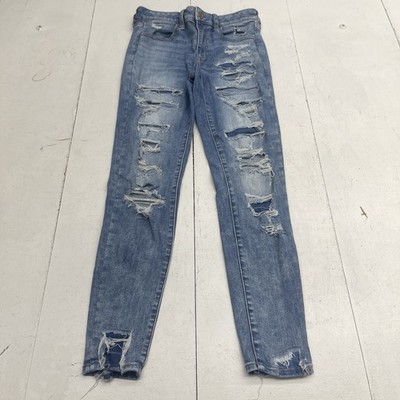 American Eagle Stretch Blue Distressed Hi Rise Jegging Skinny Jeans Women Size 8