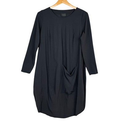 Lagenlook Black Tulip Hem Midi Tunic Dress Women 2 Pocket Oversized Minimalist