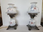 2 Milk Glass Painted Flowers Hurricane Parlor Brass Table Lamp Vtg  GWTW 14.5”