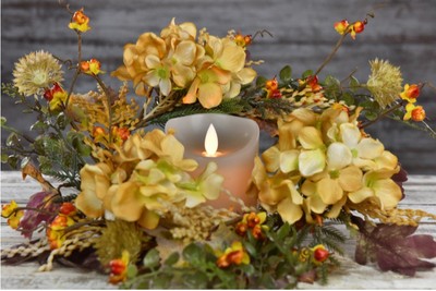 MAPLE LEAVES HYDRANGEA CANDLE RING WREATH Flower Autumn Fall 4.5'' in