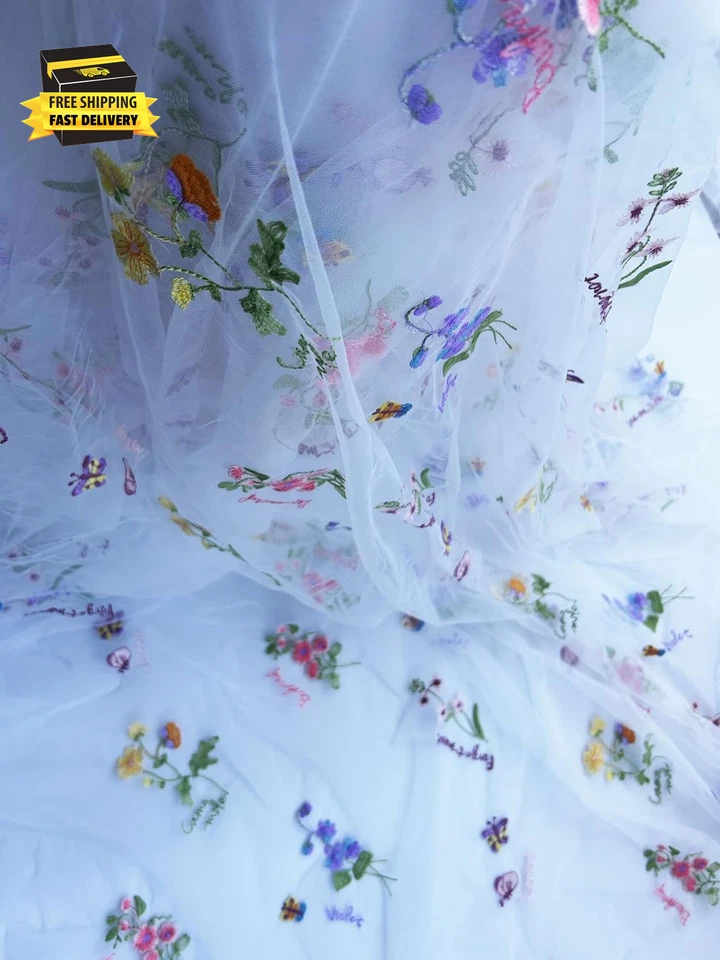 Elegante tela de encaje blanco tela de tul por yarda colorido bordado floral, 35X51 Foto 3 de 4