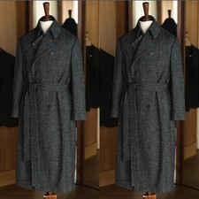 Tweed Herringbone Men's Long Overcoat With Belt Double Breasted Men Long Jackets