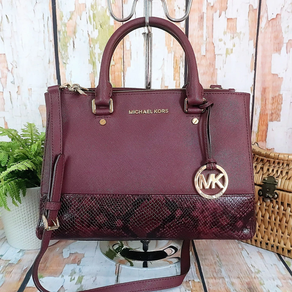 MICHAEL KORS Crossbody Shoulder Grab Bag SUTTON Burgundy Leather & Faux Snake VG - Image 2 of 4