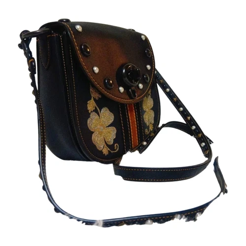Coach Western Embroidery Saddle Bag Black Leather Studded Clover Glitter 861716 - Picture 6 of 8