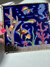 Handmade Ceramic Art Tile Wall Hanging Table Top  Sea Life Fish Sea Horse Blue