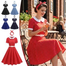 Womens 50s 60s Retro Polka Dot Dress Contrast Collar Tie Waist Swing+Headband