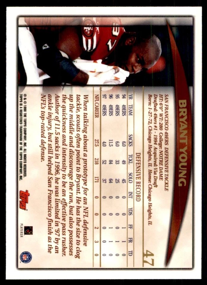1998 TOPPS BRYANT YOUNG SAN FRANCISCO 49ERS #47 - Image 2 of 2