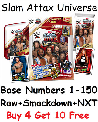 WWE Slam Attax Universe Basiskarten Nummern 1-150 Raw Smackdown NXT 205 Topps