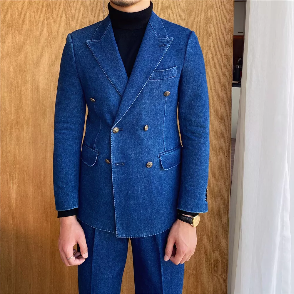 2 Piece Men's Denim Suit In Blue Double-Breasted Jacket Slim Fit Tailored  Pants