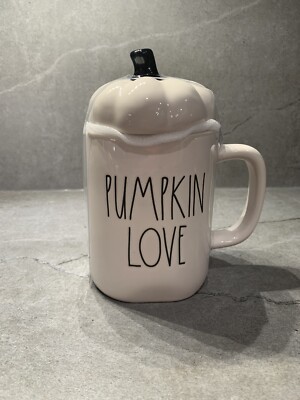 Rae Dunn PUMPKIN LOVE White Pumpkin Stem Topper Halloween Mug NEW & RARE !!!
