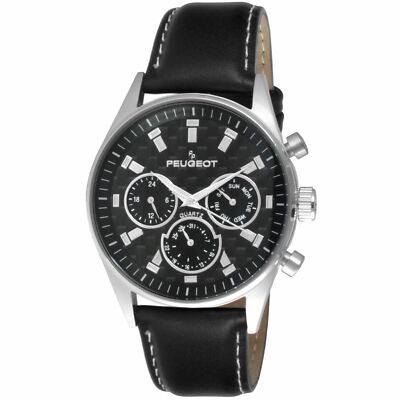 Men Stainless Steel Dress Watch -Multi-Function, Calendar, Genuine Leather Strap