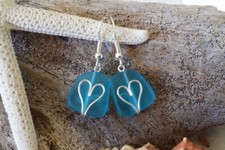 Made in Hawaii, Wire wrapped heart blue sea glass earrings, gift box.beach