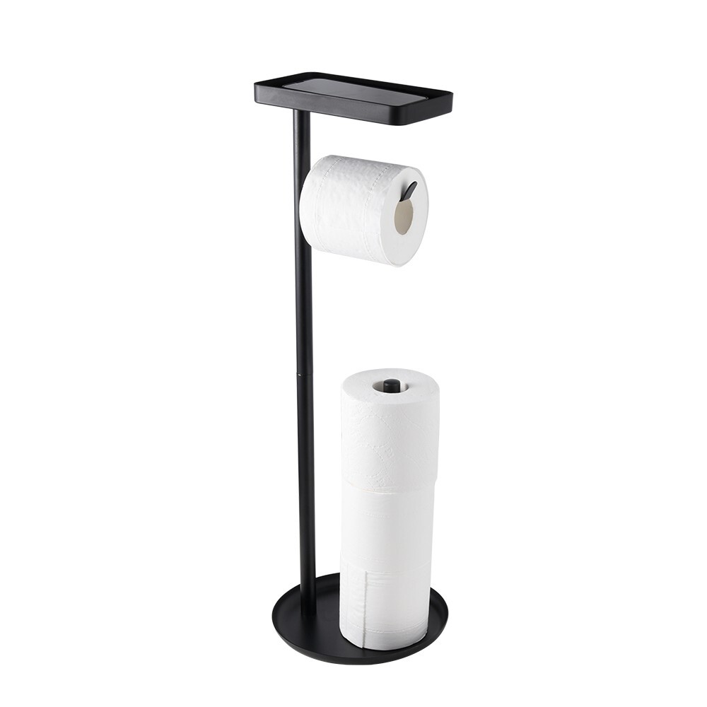 Toilet Roll Holder With Top Tray Storage Shelf Black Holds Extra Free