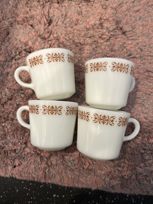 4 Vintage Pyrex Coffee Mugs/Cups Milk Glass Copper Filigree Tableware USA 718-14