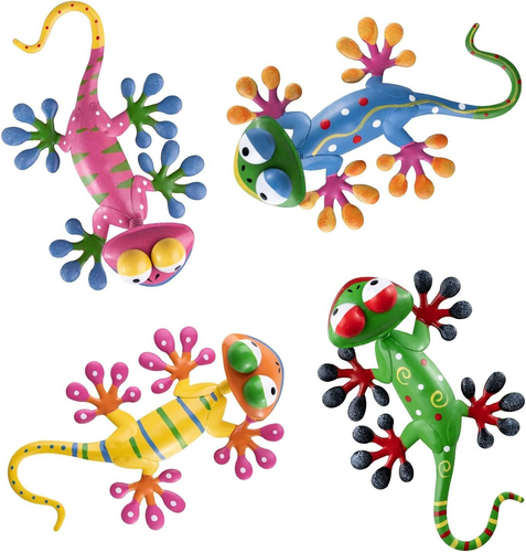 Metal Gecko Outdoor Wall Decor, 4 Pack Lizard Art Garden Sculptures & Statues wi