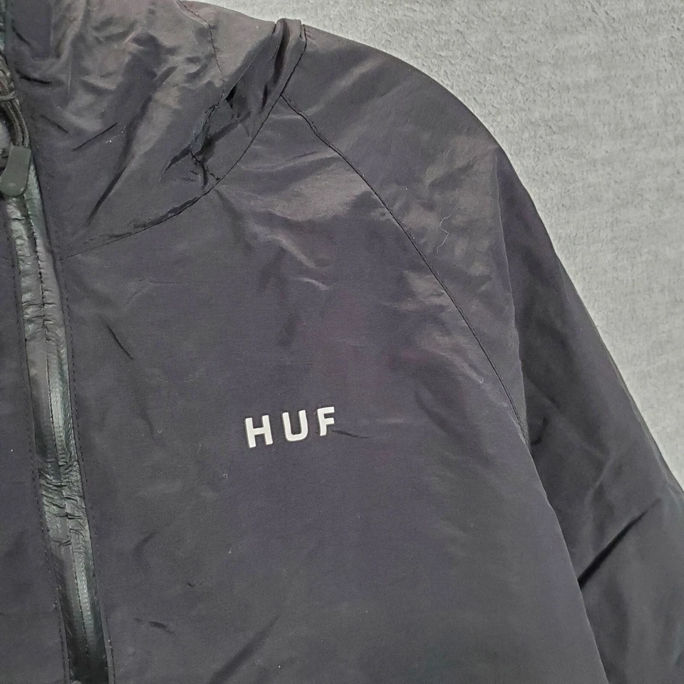 HUF Men Jacket Large Black Windbreaker Pockets Hooded Full Zip Long Sleeve Nylon - Image 4 of 4