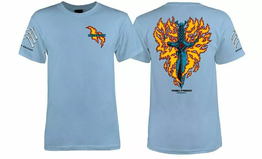 Powell Peralta BONES BRIGADE Tommy Guerrero FLAMING DAGGER T Shirt LIGHT BLUE