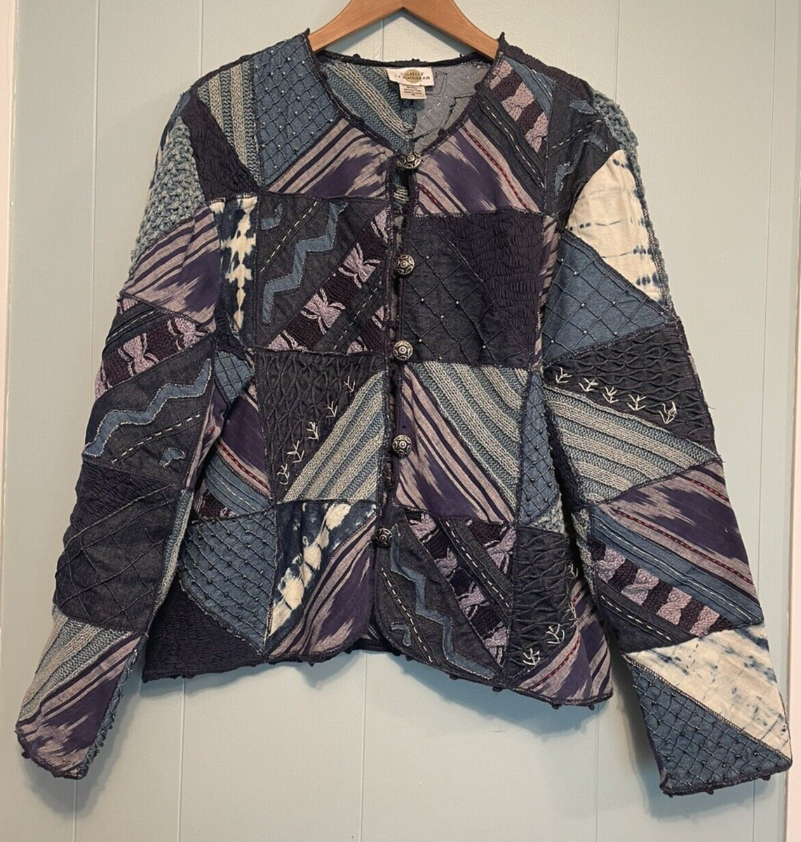 SANDY STARKMAN カーディガン Sandy Starkman Blue Denim Tie Dye Sweater Patchwork Cardigan