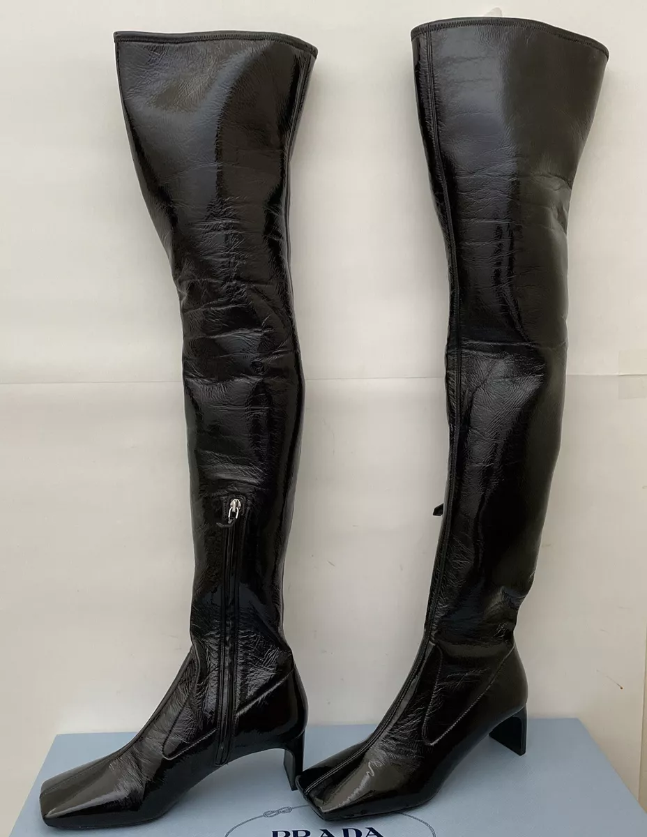 PRADA STRETCH FAUX PATENT LEATHER OVER THE KNEE THIGH HIGH BOOTS 6.5 36.5  NEW