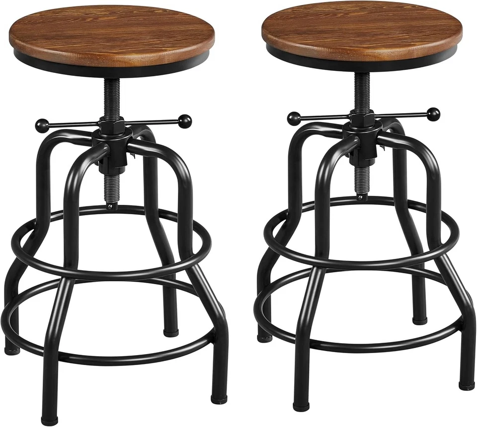 Vintage Adjustable Metal Bar Stools with Round Wooden Seat - Rustic Charm - Image 3 of 4