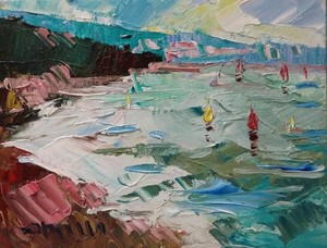 16x20 Sea Sailboats Sky Clouds Art PRINT of Painting by Artist Jose Trujillo
