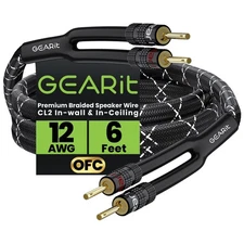 GearIT 12AWG Speaker Cable 6ft Gold Banana Plugs CL2 Rated Heavy Duty Wire