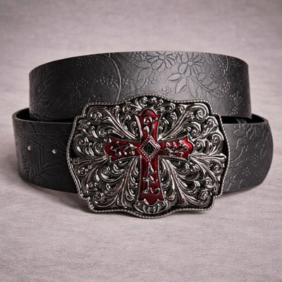 Gothic Cross Buckle Belt Western Floral Engraved Black Strap Y2K Style