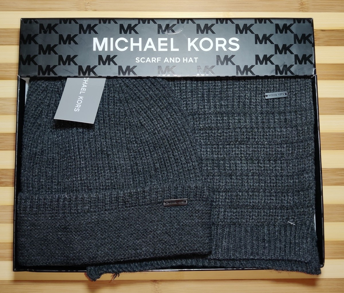 MICHAEL Michael Kors magenta black logo acrylic knit beanie hat and scarf set Michael Kors 3-Piece Set SCARF, HAT & GLOVES Dark Fuchsia  main image 4