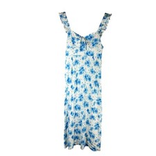 Rixo Cecile Blue Victoria Floral Midi Sun Dress Size US 10 Large Linen Blend