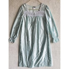 Vintage Character Lined Satin Nightgown w/ Lace Trim Light Blue Sz L Night Gown