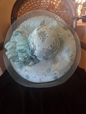 VTG Ms Divine Wide Brim Hat Lace Bow BLUE Church Wedding Derby Wide Brim Hat