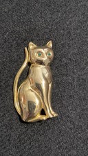 Shiny Big Cat Kitty Green Rhinestone Eyes PIN BROOCH Gold Tone
