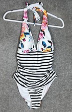 Cupshe Floral Striped Halter Tummy Control One Piece Swimsuit Womens Size XL New