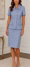 Vintage Neiman Marcus Blue/White Tweed Silk Lurex 2 Pc Skirt Suit Short Sleeve