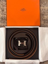 Authentic HERMES H Constance black brown silver buckle leather belt 90cm