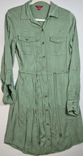 GUESS Green Twill Shirt Dress Button Drawstring Pockets Collared XS