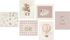 Dazzlewall 6Pcs Pink Nursery Wall Art Prints Swans Painting, Vintage Bunny... 
