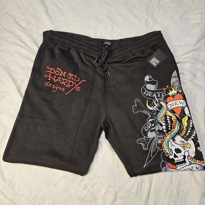 Don Ed Hardy Designs Men s 2X Charcoal Sweatpants Drawstring Pocket Tattoo Art