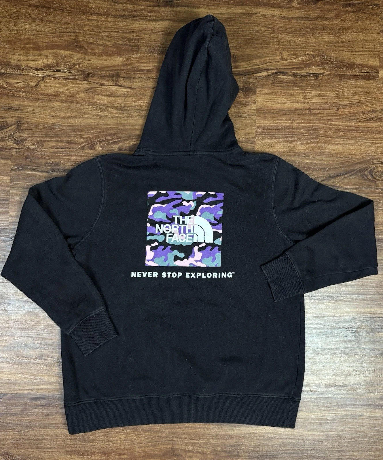 The North Face Hoodie Women’s Large Black Pink Purple Camouflage Fleece Graphic