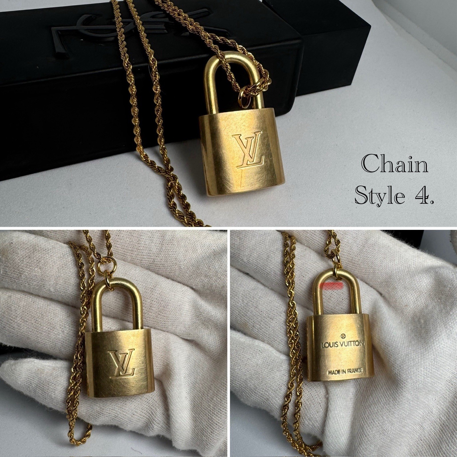 Authentic Louis Vuitton LV Padlock & No Brand Gold Tone Rope Chain Necklace