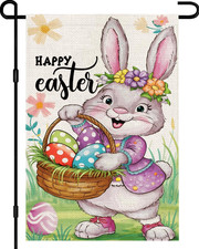 Happy Easter Garden Flag 12X18 Inch Double Sided Bunny with Flowers Easter Eggs