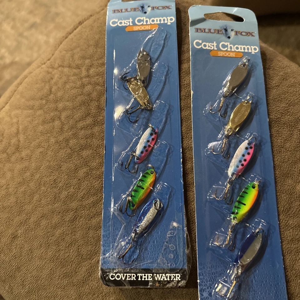 LOTE DE 2 ~ kit de cucharas champ fundidas zorro azul 1/8 oz paquete de 5 pr cromo oro firetiger Foto 2 de 3