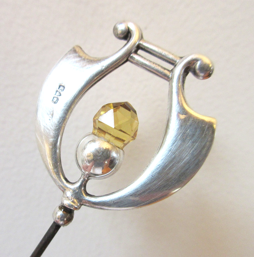 Antike Hutnadel Citrin Glas Distel in Silber Leier Charles Horner