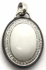 Sterling 925 Cabochon White Onyx / Black Enamel CZ Halo Statement Chunky Pendant