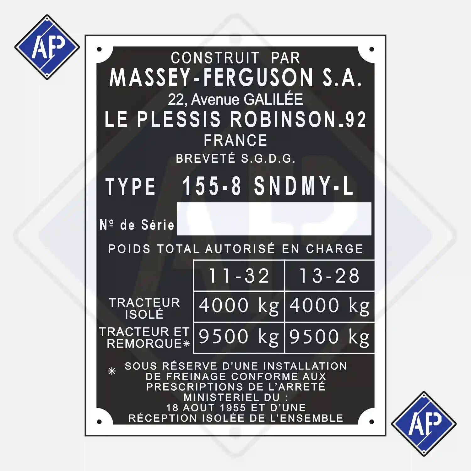 Plaque constructeur MF 155 de remplacement pour châssis de tracteur usé