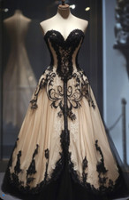 Vintage Champagne and Black Wedding Dresses Sweetheart Gothic A Line Bridal Gown