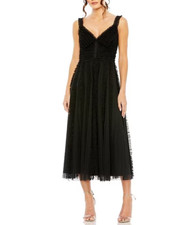 Mac Duggal Black V-Neck Tiered Ruffled A-Line Midi Dress Size 12 $398