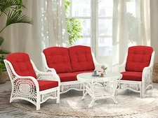 Living Malibu Set of 2 Lounge Rattan Chairs Loveseat Coffee Table w/Glass, White