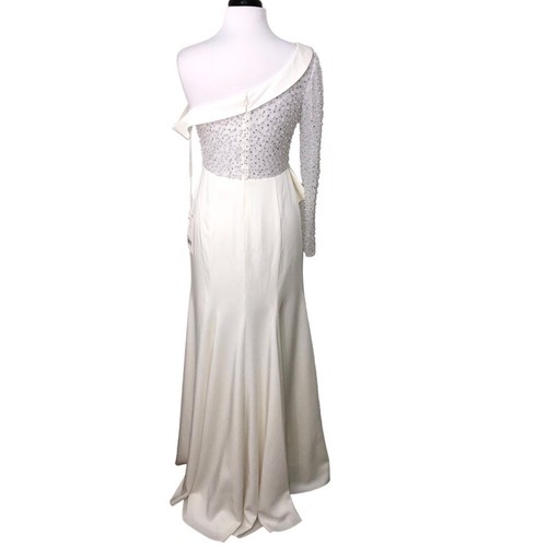 Mac Duggal One Shoulder Illusion Gown with Pearls Rhinestones Ivory Size 6 NWT - Picture 8 of 12